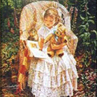 Reading to Theodore lithography portraying a young girl in a dress reading to her teddy bear