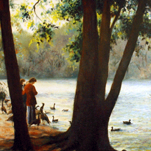 Anella Low Painting showing people standing on the edges of a lake feeding ducks