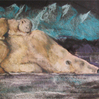 Polar Bear watercolor painting showing a sleeping baby polar bear on the back of its sleeping mother