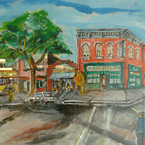 Painting of a group of buildings on a street corner