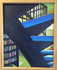 Emily Eisen's painting depicting a blue staircase leading to the mezzanine of the library