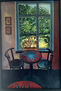 Table for Two painting by Emily Eisen showing a round table by a window showing the greenery outside awith two empty chairs