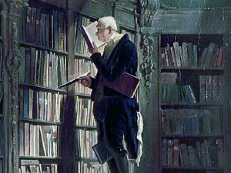 The Bookworm by Carl Spitzweg showing a man on a step stool looking into a book in a library