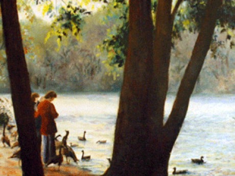 Anella Low Painting showing people standing on the edges of a lake feeding ducks