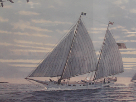 The Little Jenny Bugeye Coming Home to Solomons lithograph showing a sailboat on the ocean's waves with birds flying above and the American flag in the background