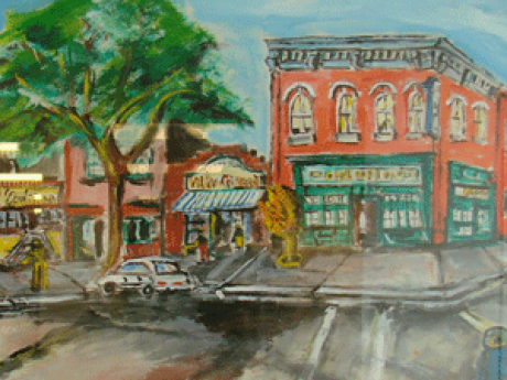 Painting of a group of buildings on a street corner