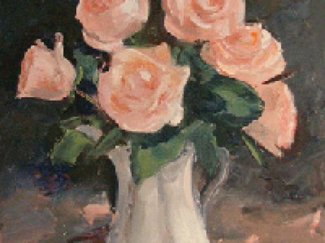 Painting of pink roses in a white vase