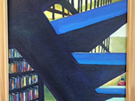 Emily Eisen's painting depicting a blue staircase leading to the mezzanine of the library